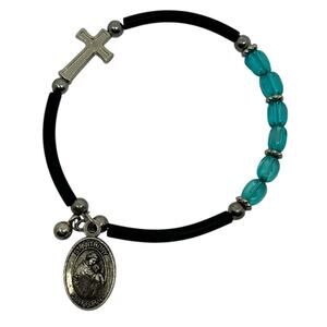 Catholic St. Anthony Medal Stretch Bracelet with Turquoise Beads Cross Charm